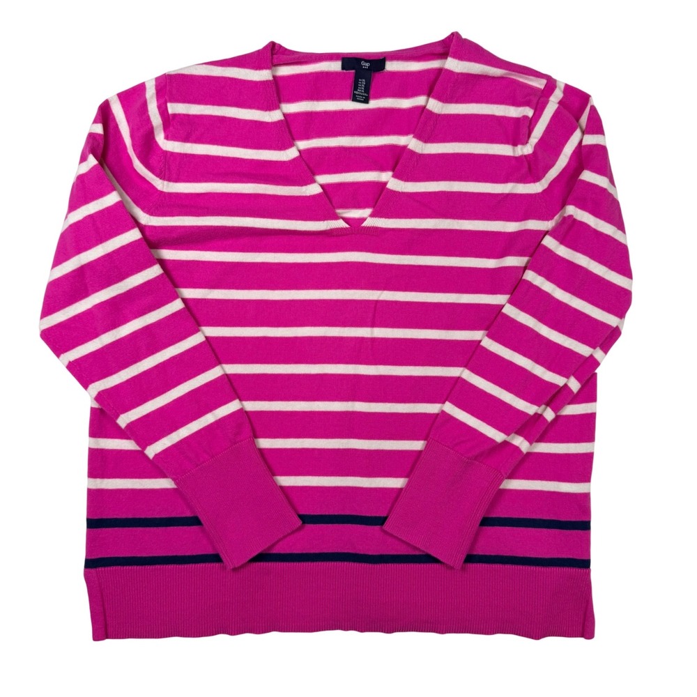 Gap V-Neck Striped Sweater Womens XL Pink White Navy Blue Excellent Cotton SP16